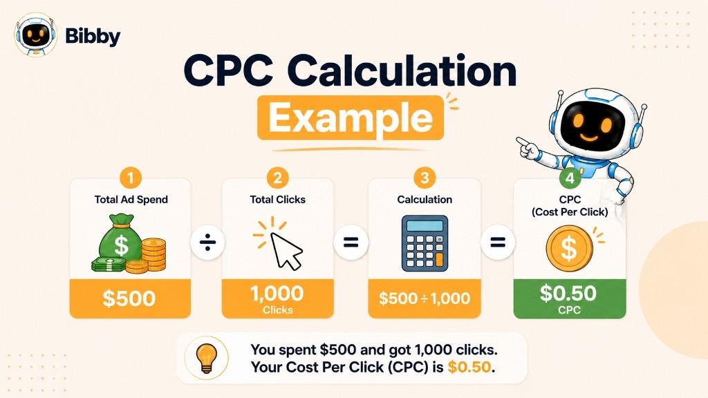 Infographic titled CPC Calculation Example showing $500 ad spend divided by 1,000 clicks equals $0.50 CPC in four steps.