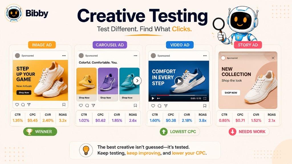 Infographic titled Creative Testing comparing image, carousel, video, and story ad formats with CTR, CPC, CVR, and ROAS metrics to find the lowest CPC.
