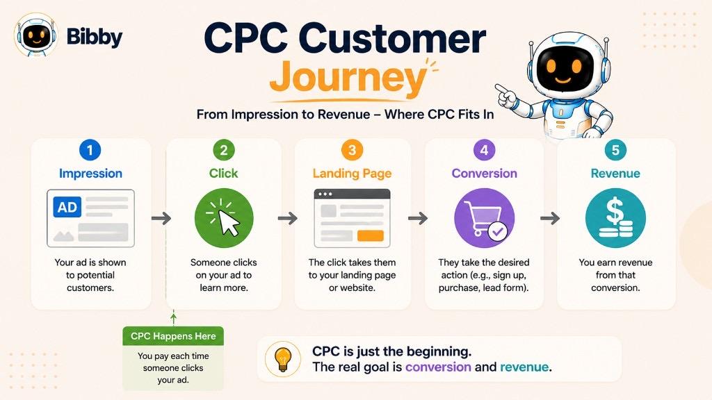 Infographic titled CPC Customer Journey showing five steps from impression through click, landing page, conversion, and revenue with CPC happening at the click stage.