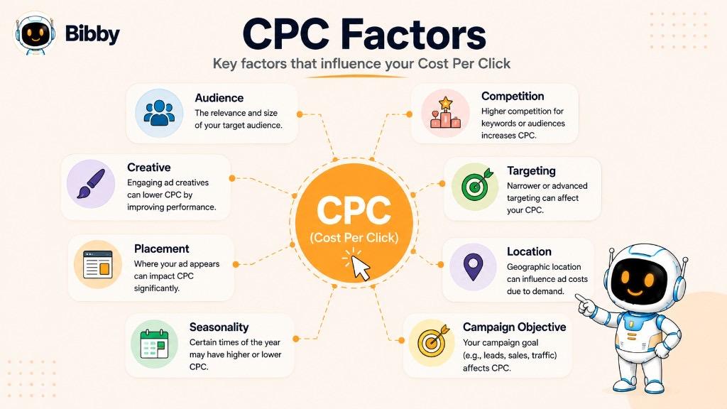 Infographic titled CPC Factors showing eight factors that influence Cost Per Click: audience, creative, placement, seasonality, competition, targeting, location, and campaign objective.