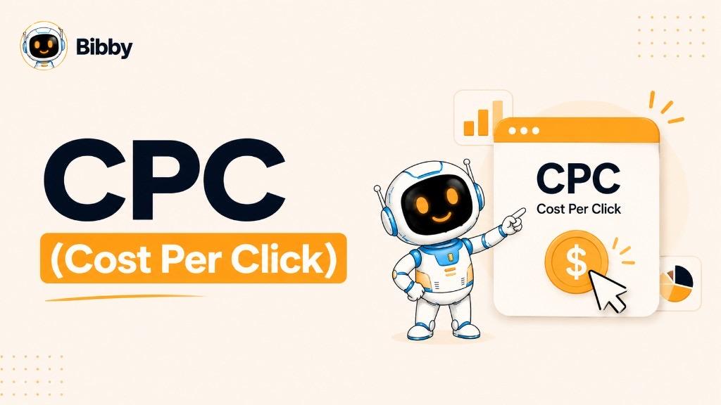 Bibby hero graphic for CPC (Cost Per Click) showing the Bibby robot pointing at a digital card with a dollar coin and mouse cursor click, with CPC Cost Per Click text on a cream background.