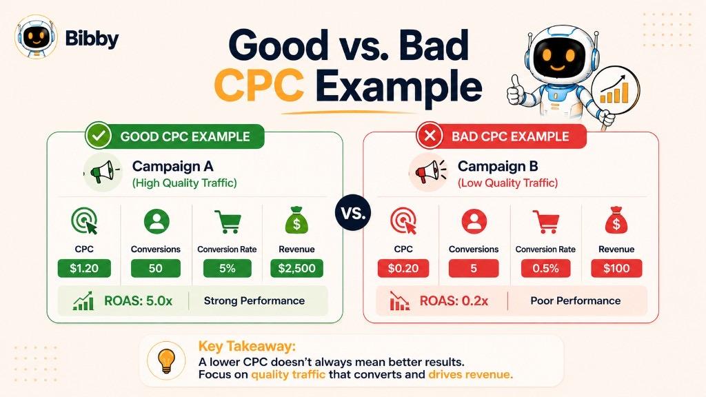 Infographic titled Good vs Bad CPC Example comparing Campaign A at $1.20 CPC with 5.0x ROAS versus Campaign B at $0.20 CPC with 0.2x ROAS.