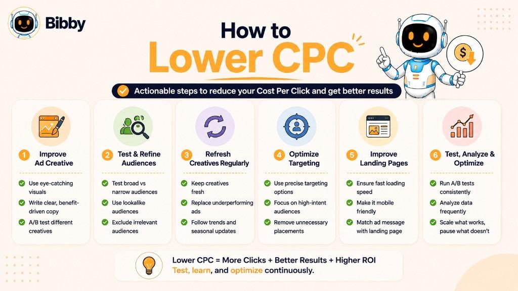 Infographic titled How to Lower CPC showing six strategies: improve ad creative, test audiences, refresh creatives, optimize targeting, improve landing pages, and test analyze optimize.