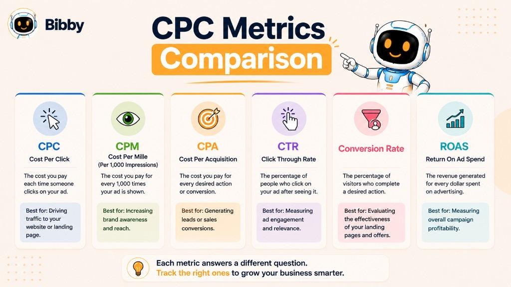 Infographic titled CPC Metrics Comparison showing CPC, CPM, CPA, CTR, conversion rate, and ROAS with definitions and best use cases for each.