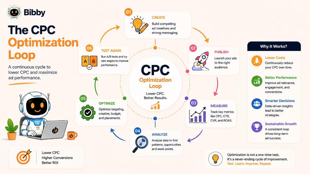 Infographic titled The CPC Optimization Loop showing a six-step cycle: create, publish, measure, analyze, optimize, and test again to lower CPC over time.