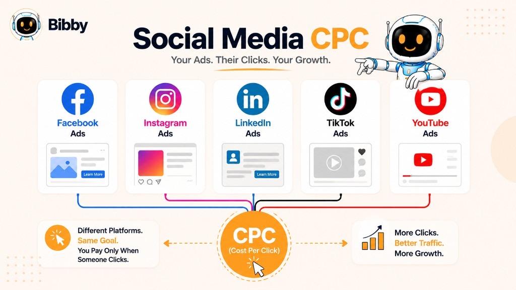 Infographic titled Social Media CPC showing Facebook, Instagram, LinkedIn, TikTok, and YouTube ads connecting to a central Cost Per Click hub.