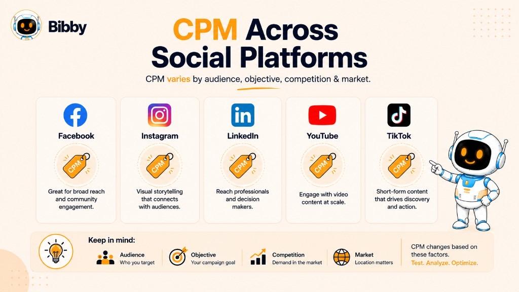 Infographic titled CPM Across Social Platforms showing how CPM varies on Facebook, Instagram, LinkedIn, YouTube, and TikTok based on audience, objective, competition, and market.
