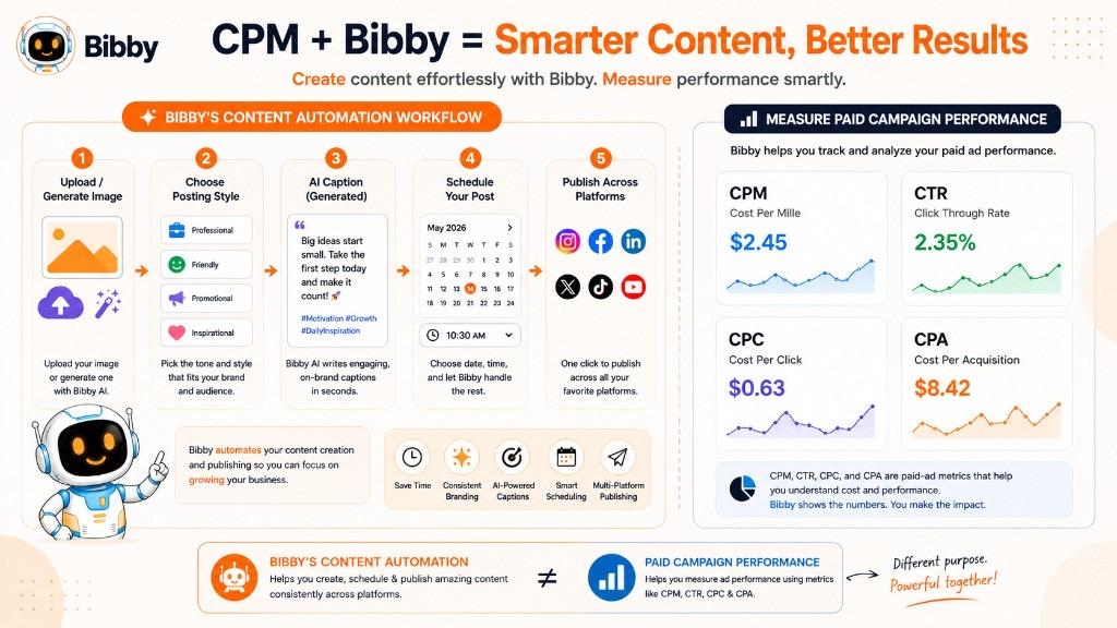 Infographic titled CPM plus Bibby showing Bibby content automation workflow alongside paid campaign performance metrics including CPM, CTR, CPC, and CPA.