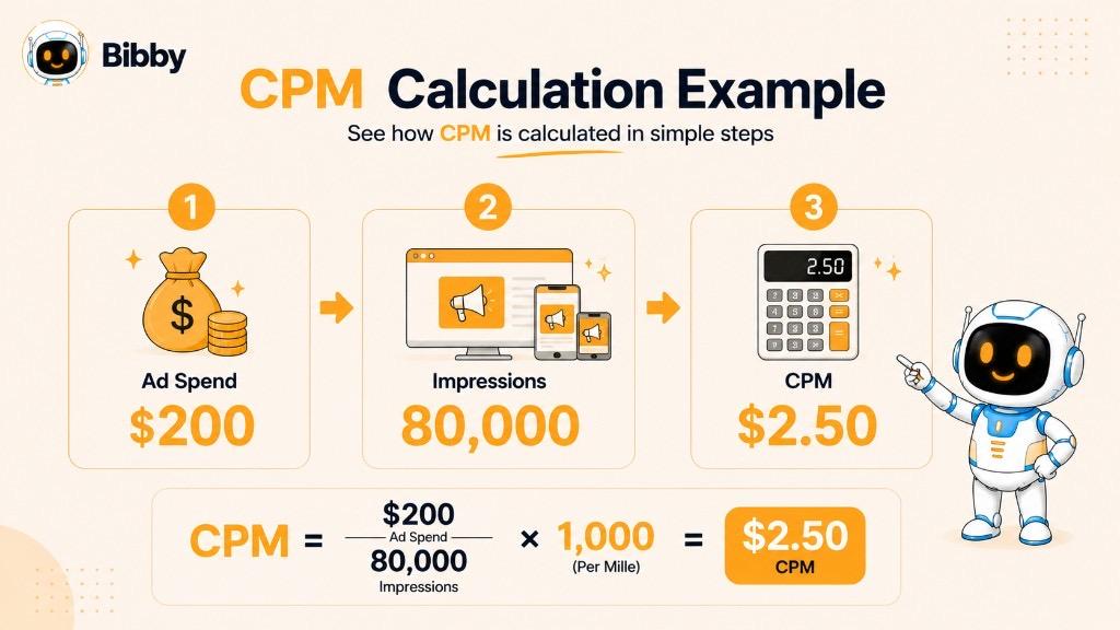 Infographic titled CPM Calculation Example showing $200 ad spend divided by 80,000 impressions equals $2.50 CPM in four steps.