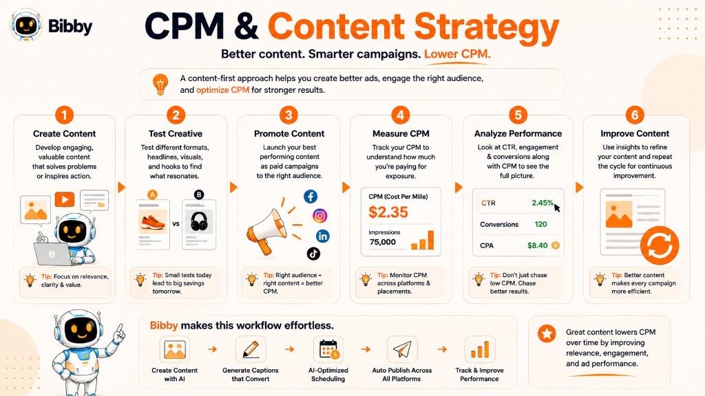 Infographic titled CPM and Content Strategy showing a six-step workflow from creating content through testing creative, promoting content, measuring CPM, analyzing performance, and improving content.