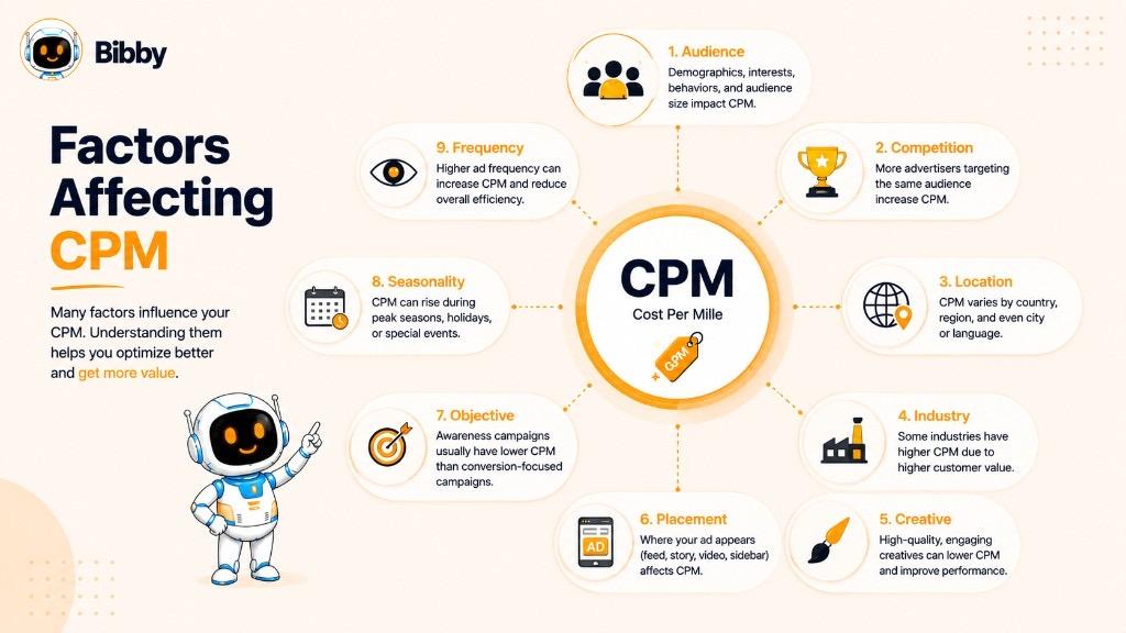 Infographic titled Factors Affecting CPM showing nine factors including audience, competition, location, industry, creative, placement, objective, seasonality, and frequency.