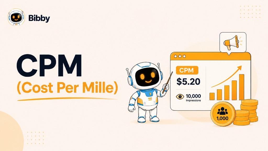 Bibby hero graphic for CPM (Cost Per Mille) showing the Bibby robot pointing at a dashboard displaying $5.20 CPM and 10,000 impressions with a rising chart and megaphone on a cream background.