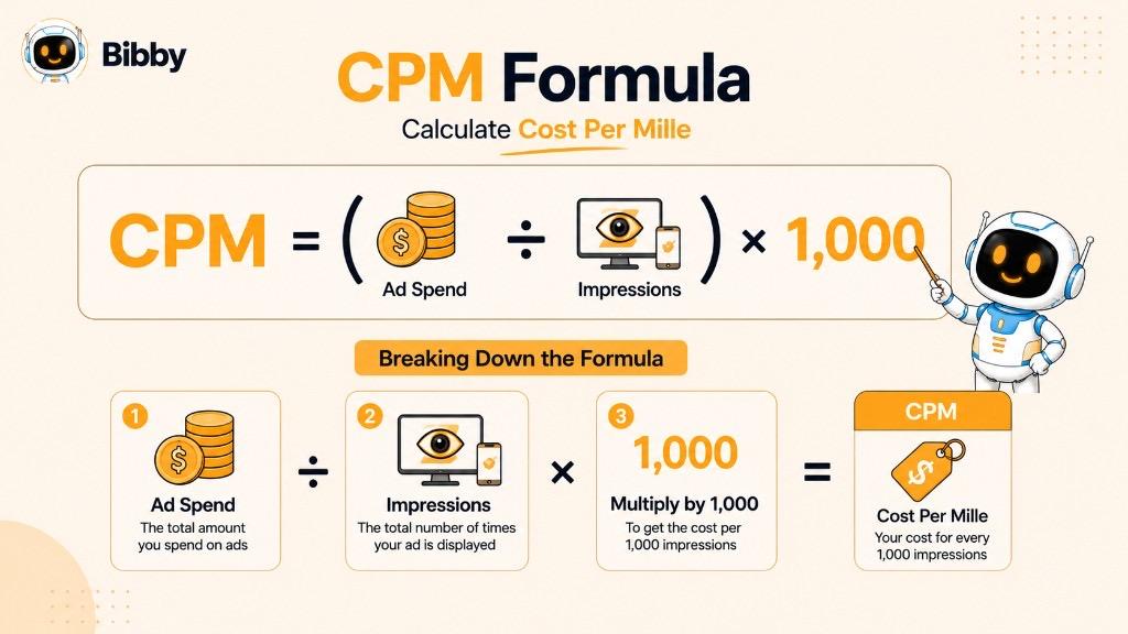 Infographic titled CPM Formula showing CPM equals Total Ad Spend divided by Total Impressions multiplied by 1,000 with money and eye icons.