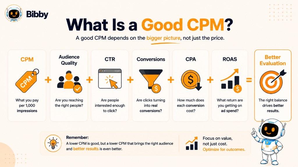 Infographic titled What Is a Good CPM showing CPM plus audience quality, CTR, conversions, CPA, and ROAS leading to better evaluation and results.
