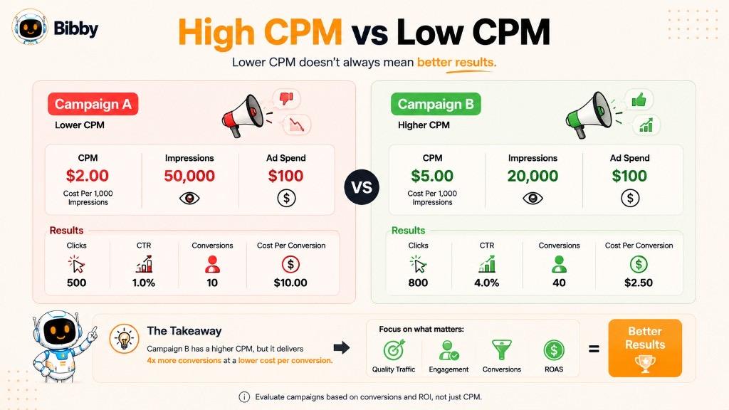 Infographic titled High CPM vs Low CPM comparing Campaign A at $2.00 CPM with 10 conversions versus Campaign B at $5.00 CPM with 40 conversions at the same $100 spend.