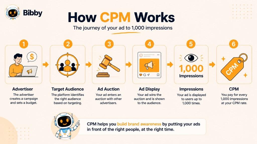 Infographic titled How CPM Works showing the ad auction flow from campaign setup through impressions to CPM calculation.