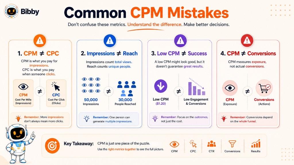 Infographic titled Common CPM Mistakes showing four misconceptions including CPM is not CPC, impressions are not reach, low CPM is not success, and CPM is not conversions.