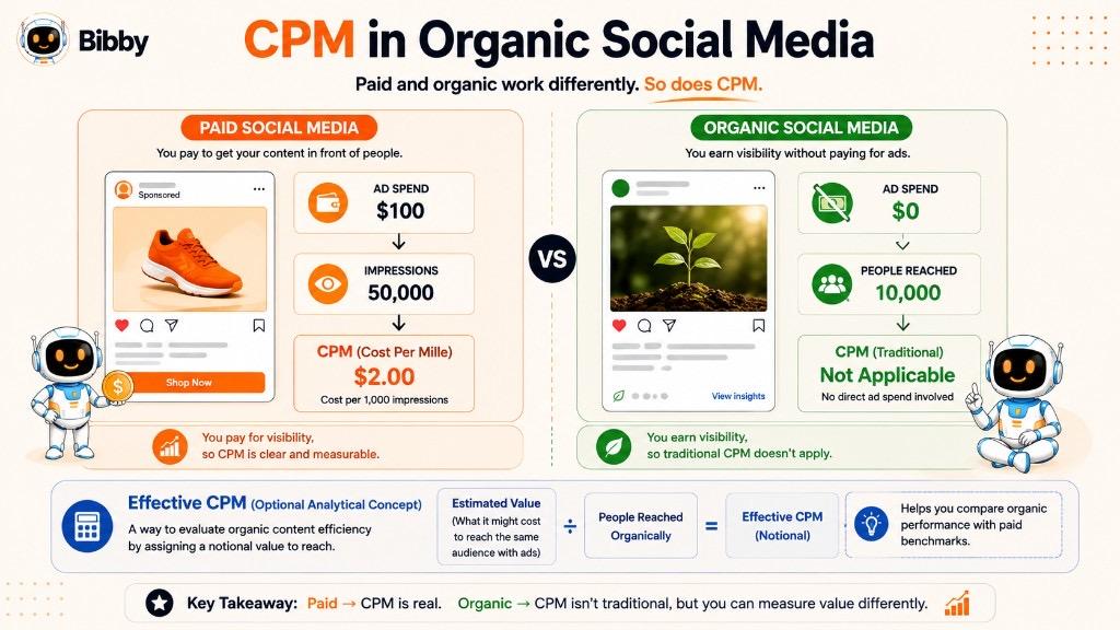Infographic titled CPM in Organic Social Media comparing paid social media with measurable CPM against organic social media where traditional CPM does not apply, plus effective CPM concept.