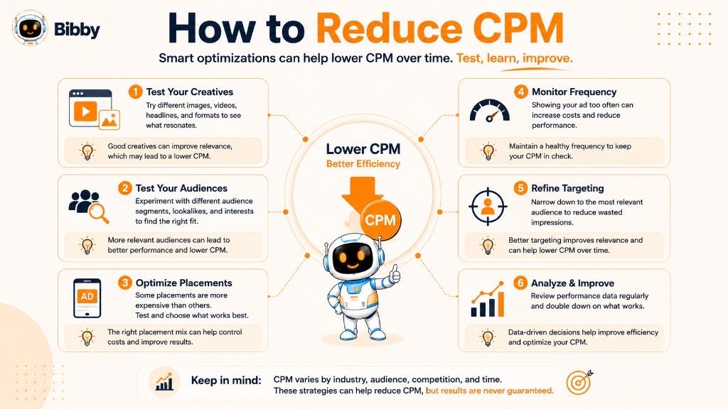 Infographic titled How to Reduce CPM showing six strategies including testing creatives, testing audiences, optimizing placements, monitoring frequency, refining targeting, and analyzing data.
