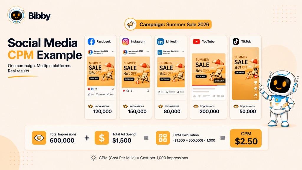 Infographic titled Social Media CPM Example showing a Summer Sale 2026 campaign across Facebook, Instagram, LinkedIn, YouTube, and TikTok with 600,000 total impressions and $1,500 spend for a $2.50 CPM.