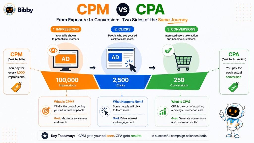 Infographic titled CPM vs CPA showing the funnel from 100,000 impressions through 2,500 clicks to 250 conversions with CPM at the top and CPA at the bottom.