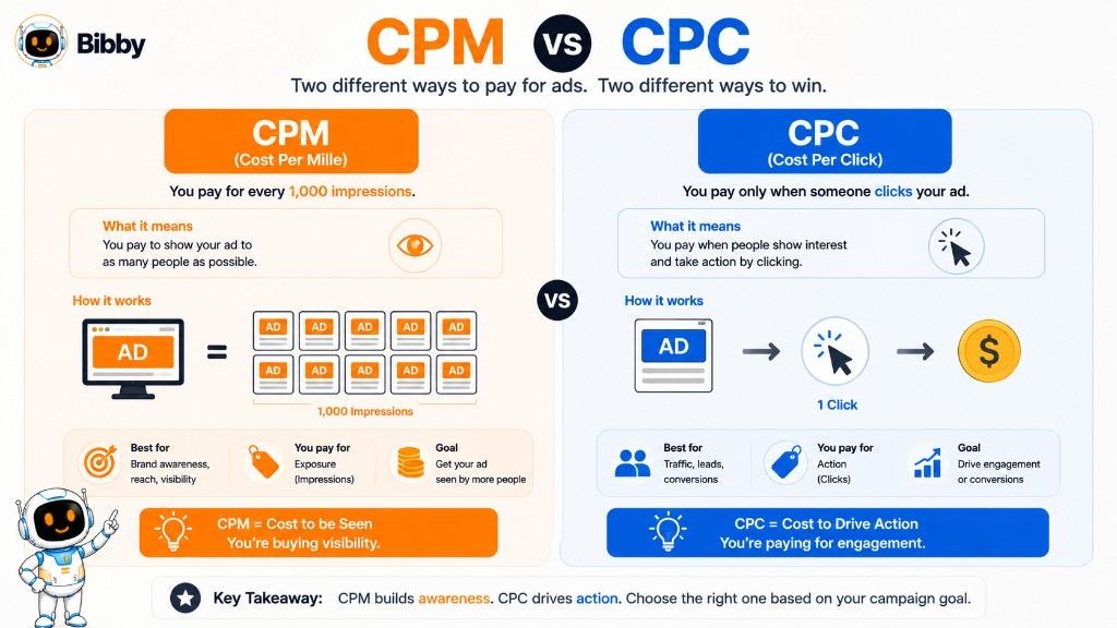 Infographic titled CPM vs CPC comparing cost per mille for impressions and visibility against cost per click for traffic and engagement.