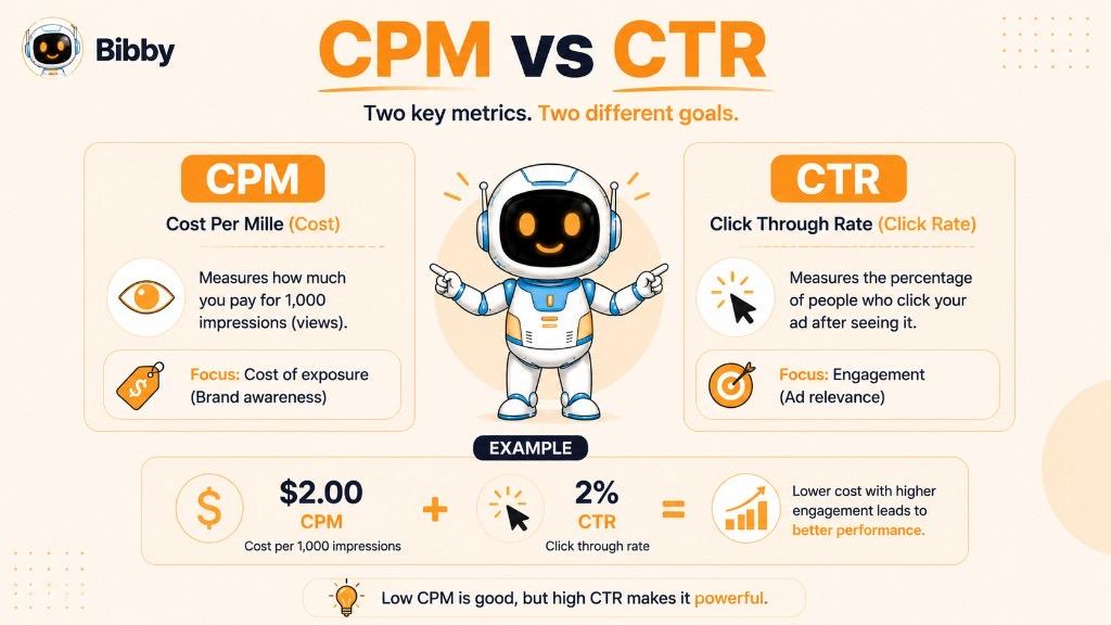 Infographic titled CPM vs CTR comparing cost per mille for brand awareness against click-through rate for ad relevance and engagement.