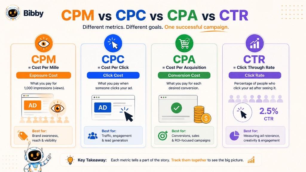Infographic titled CPM vs CPC vs CPA vs CTR comparing four digital advertising metrics with definitions, formulas, and best use cases for each.