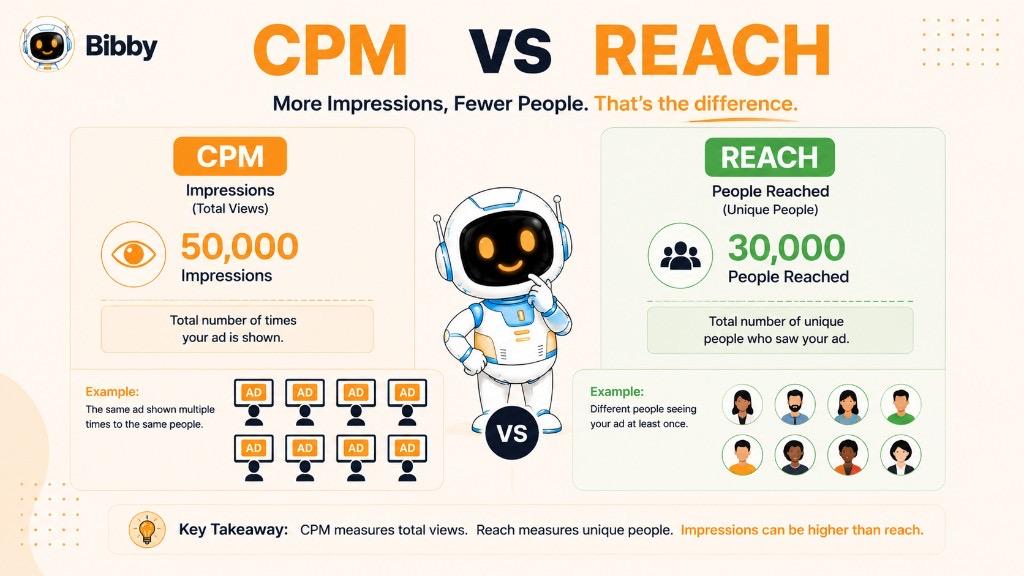 Infographic titled CPM vs Reach comparing 50,000 total impressions against 30,000 unique people reached with the same ad shown multiple times.