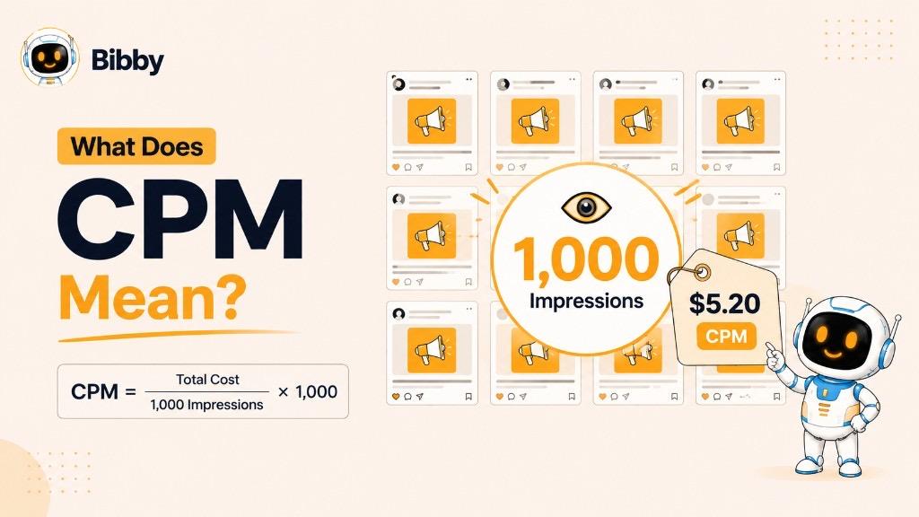 Infographic titled What Is CPM showing Cost Per Mille as the cost per 1,000 ad impressions with an eye icon and example calculation.