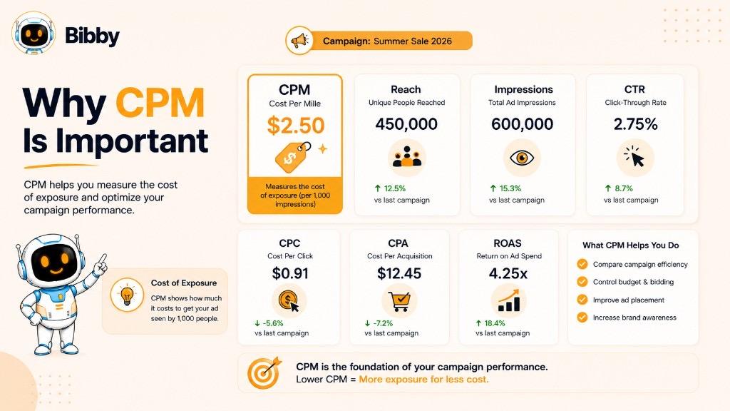 Infographic titled Why CPM Is Important showing CPM alongside reach, impressions, CTR, CPC, CPA, and ROAS on a campaign dashboard with a checklist of what CPM helps you do.