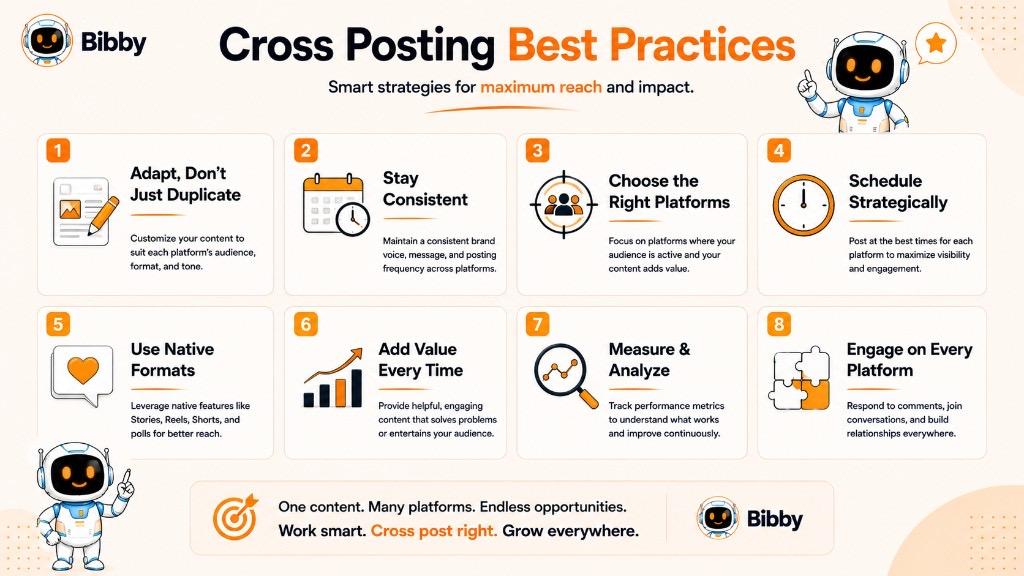 Infographic titled Cross Posting Best Practices listing eight strategies — Adapt, Stay Consistent, Choose Platforms, Schedule, Use Native Formats, Add Value, Measure, and Engage.