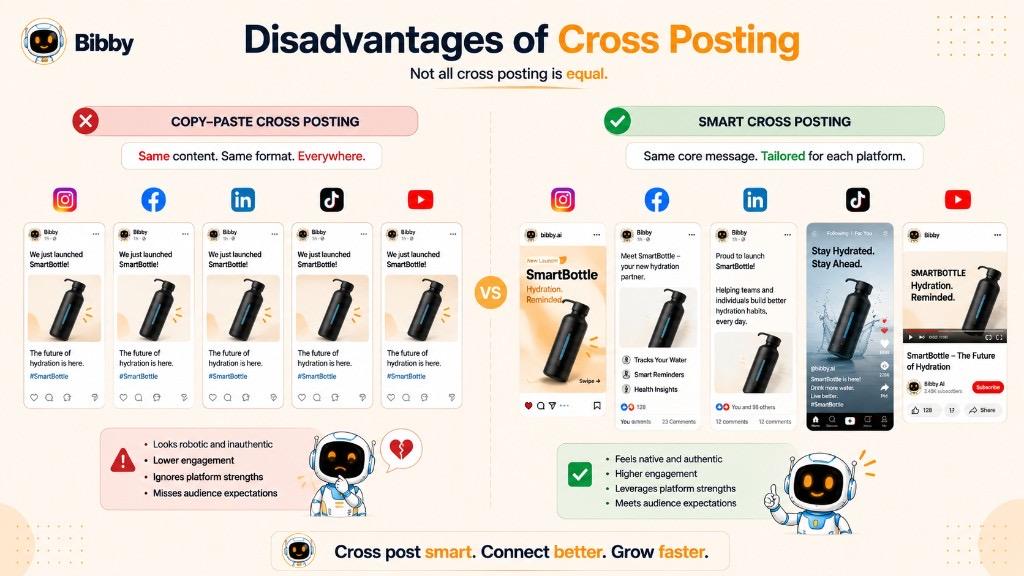 Infographic titled Disadvantages of Cross Posting comparing copy-paste cross posting against smart platform-tailored cross posting.