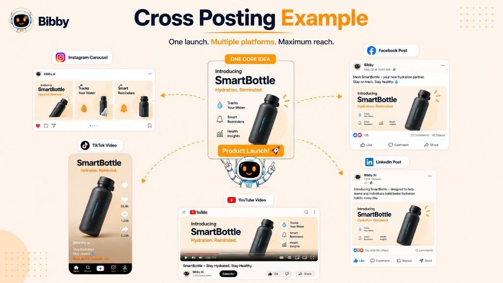 Infographic titled Cross Posting Example showing a SmartBottle product launch adapted for Instagram carousel, TikTok video, YouTube, Facebook, and LinkedIn.