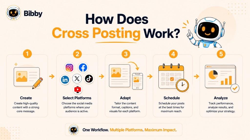 Infographic titled How Does Cross Posting Work showing five steps — Create, Select Platforms, Adapt, Schedule, and Analyze.