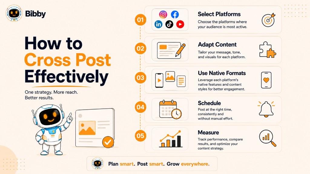 Infographic titled How to Cross Post Effectively showing five steps — Select Platforms, Adapt Content, Use Native Formats, Schedule, and Measure.