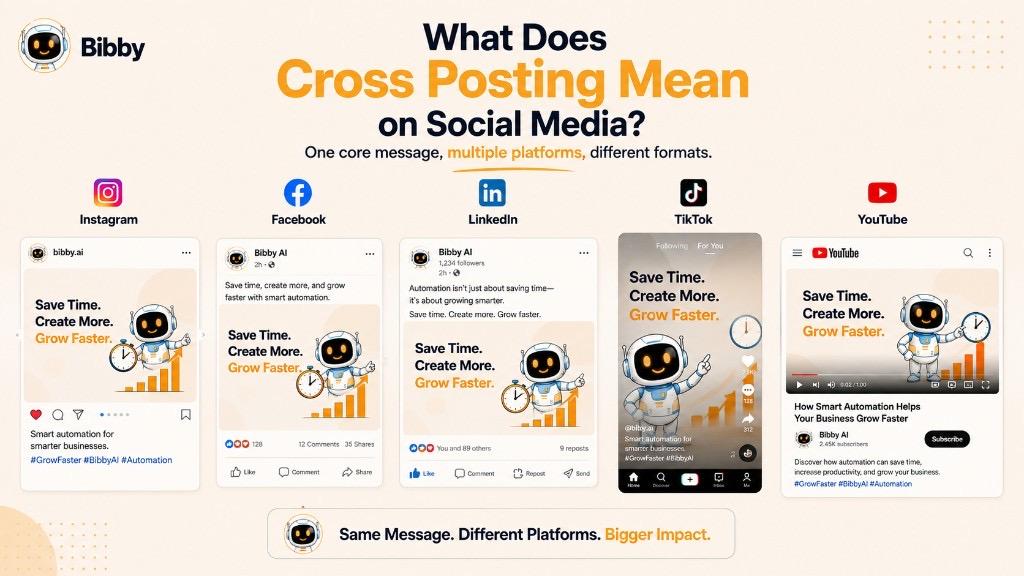 Infographic titled What Does Cross Posting Mean on Social Media showing one core message adapted for Instagram, Facebook, LinkedIn, TikTok, and YouTube in different formats.
