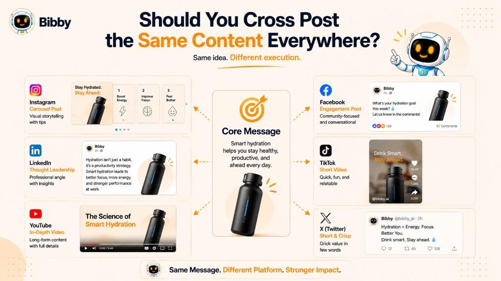 Infographic titled Should You Cross Post the Same Content Everywhere showing how one core message adapts to Instagram, LinkedIn, YouTube, Facebook, TikTok, and X formats.