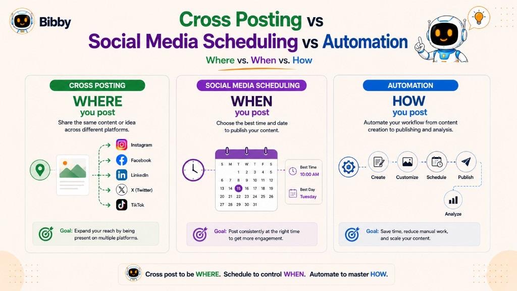 Infographic comparing Cross Posting vs Social Media Scheduling vs Automation — Where you post, When you post, and How you post.