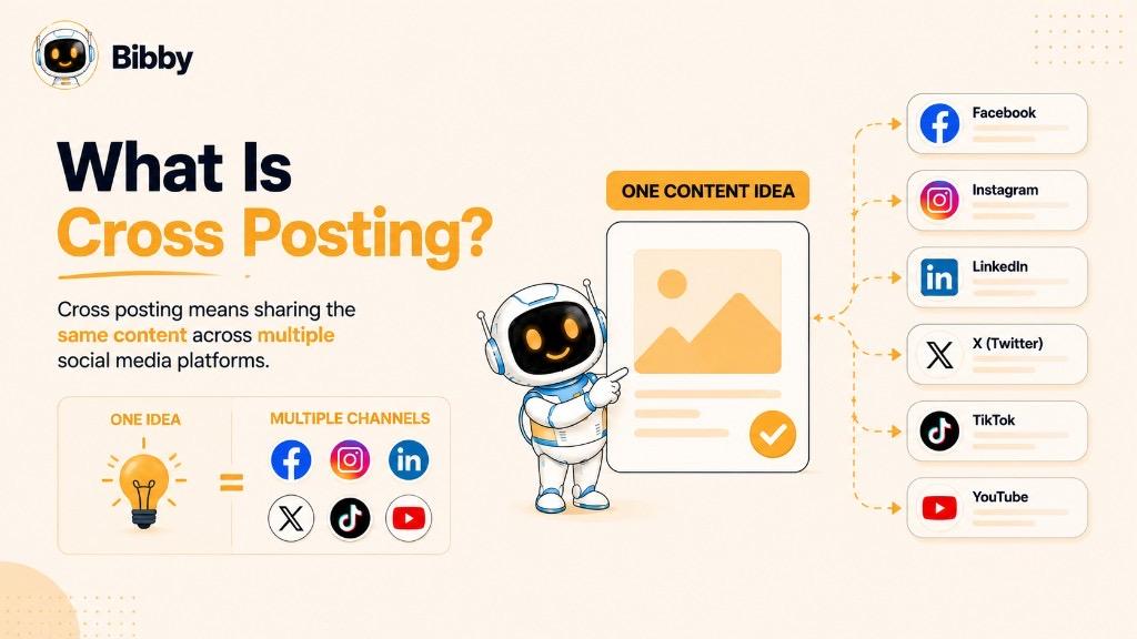 Infographic titled What Is Cross Posting showing one content idea distributed to Facebook, Instagram, LinkedIn, X, TikTok, and YouTube.