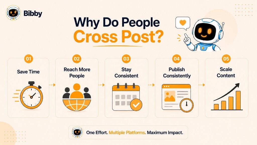 Infographic titled Why Do People Cross Post showing five benefits — Save Time, Reach More People, Stay Consistent, Publish Consistently, and Scale Content.