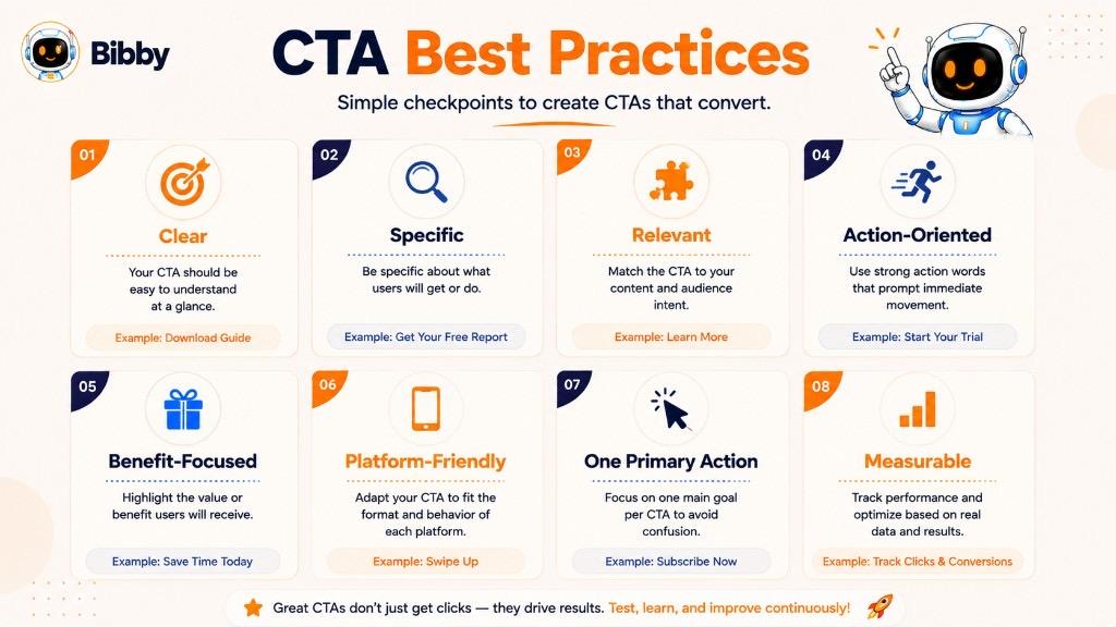 Infographic titled CTA Best Practices listing eight principles — Clear, Specific, Relevant, Action-Oriented, Benefit-Focused, Platform-Friendly, One Primary Action, and Measurable.