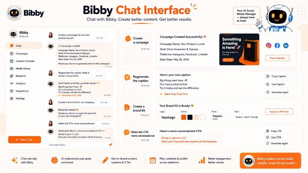 Bibby Chat Interface showing conversational AI for refining CTAs, regenerating captions, and managing social media campaigns in one workflow.