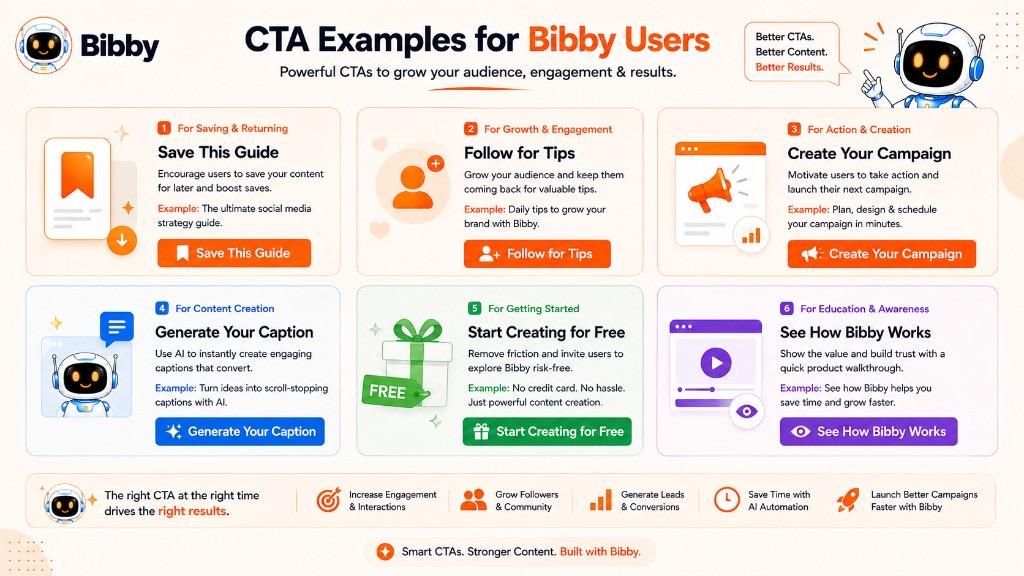 Infographic titled CTA Examples for Bibby Users showing six CTA types — Save This Guide, Follow for Tips, Create Your Campaign, Generate Your Caption, Start Creating for Free, and See How Bibby Works.