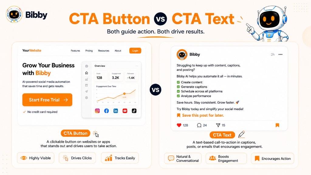 Infographic comparing CTA Button vs CTA Text with website button and social media caption examples showing when to use each format.