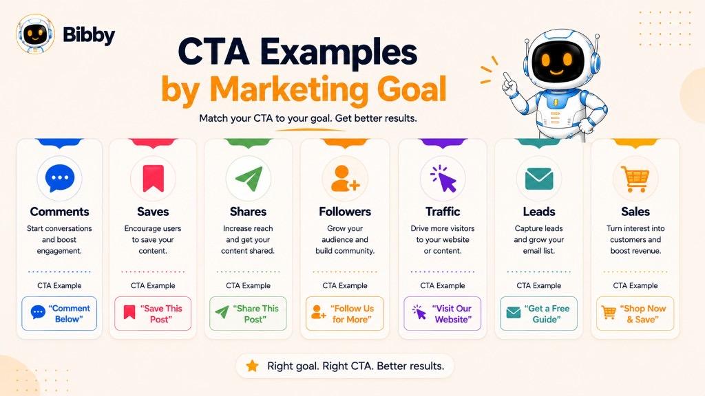 Infographic titled CTA Examples by Marketing Goal mapping awareness, interest, consideration, conversion, and retention goals to specific call-to-action phrases.