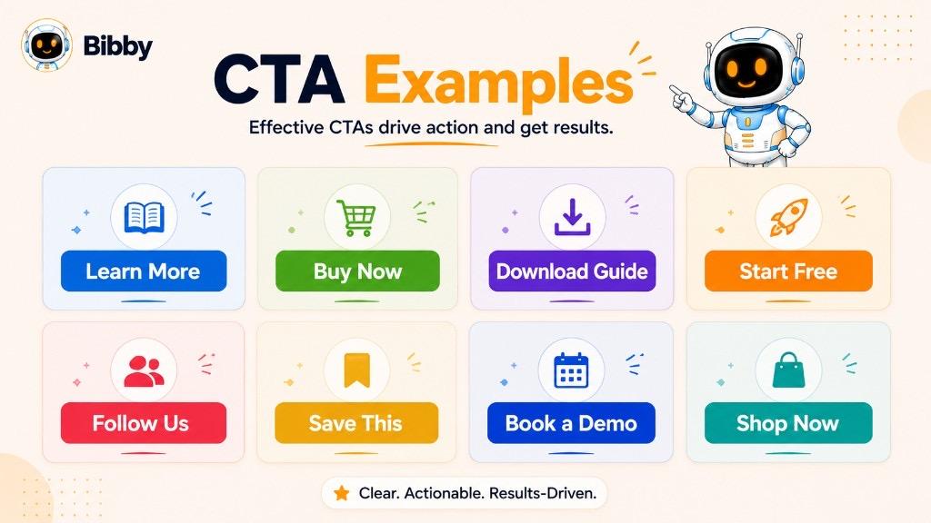Infographic titled CTA Examples showing real call-to-action examples for engagement, traffic, lead generation, conversion, and sales goals.