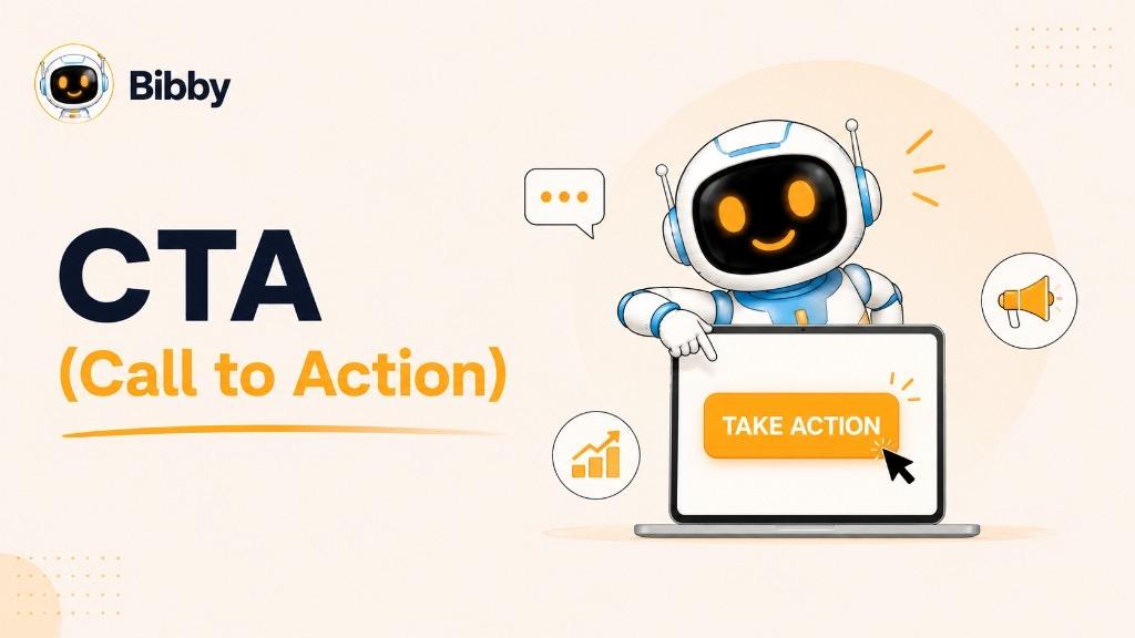 Bibby hero graphic for CTA (Call to Action) showing the Bibby robot pointing at a bold TAKE ACTION button on a cream background.