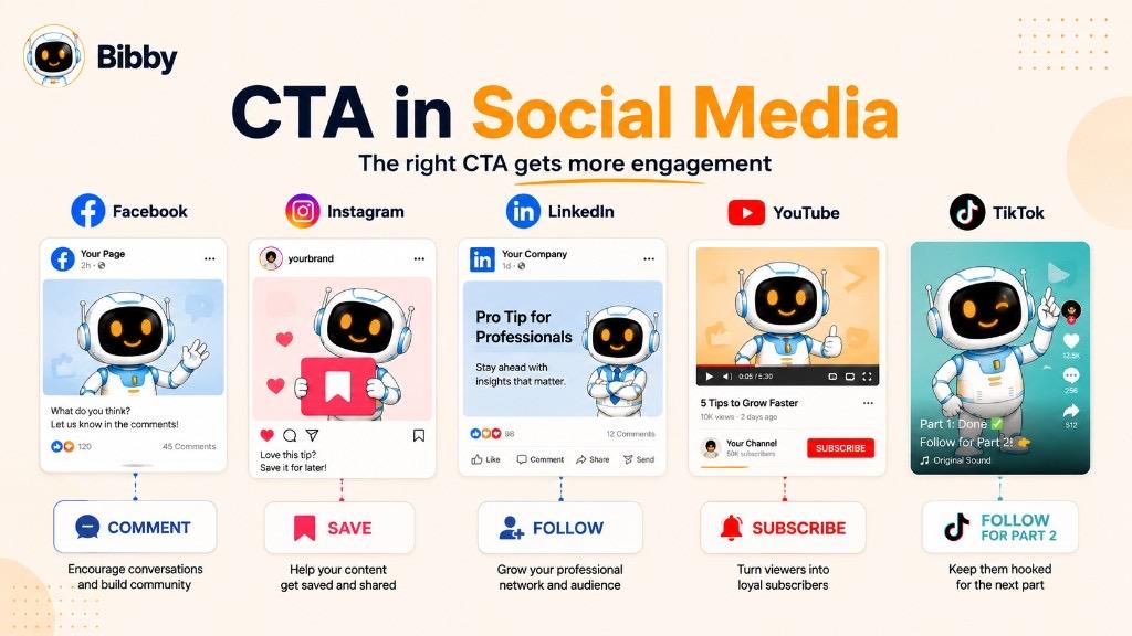 Infographic titled What Is a CTA in Social Media showing how calls to action work in posts, Stories, videos, and captions to drive engagement and conversions.