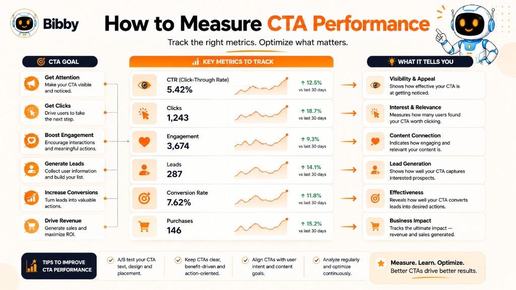 Infographic titled How to Measure CTA Performance mapping CTA goals to metrics like CTR, clicks, engagement, leads, conversion rate, and purchases.